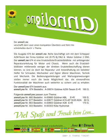 Güldner Traktor/Schlepper Zugmaschine Typ A2W Tessin & Motor Typ 2 DNS Bild- Ersatzteilliste & Explosionszeichnungen & Bild- Reparaturanleitung - annoligno 674